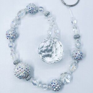 Beaded Suncatcher White & Clear Crystal Prism Hanging Patio Decor Yard Art